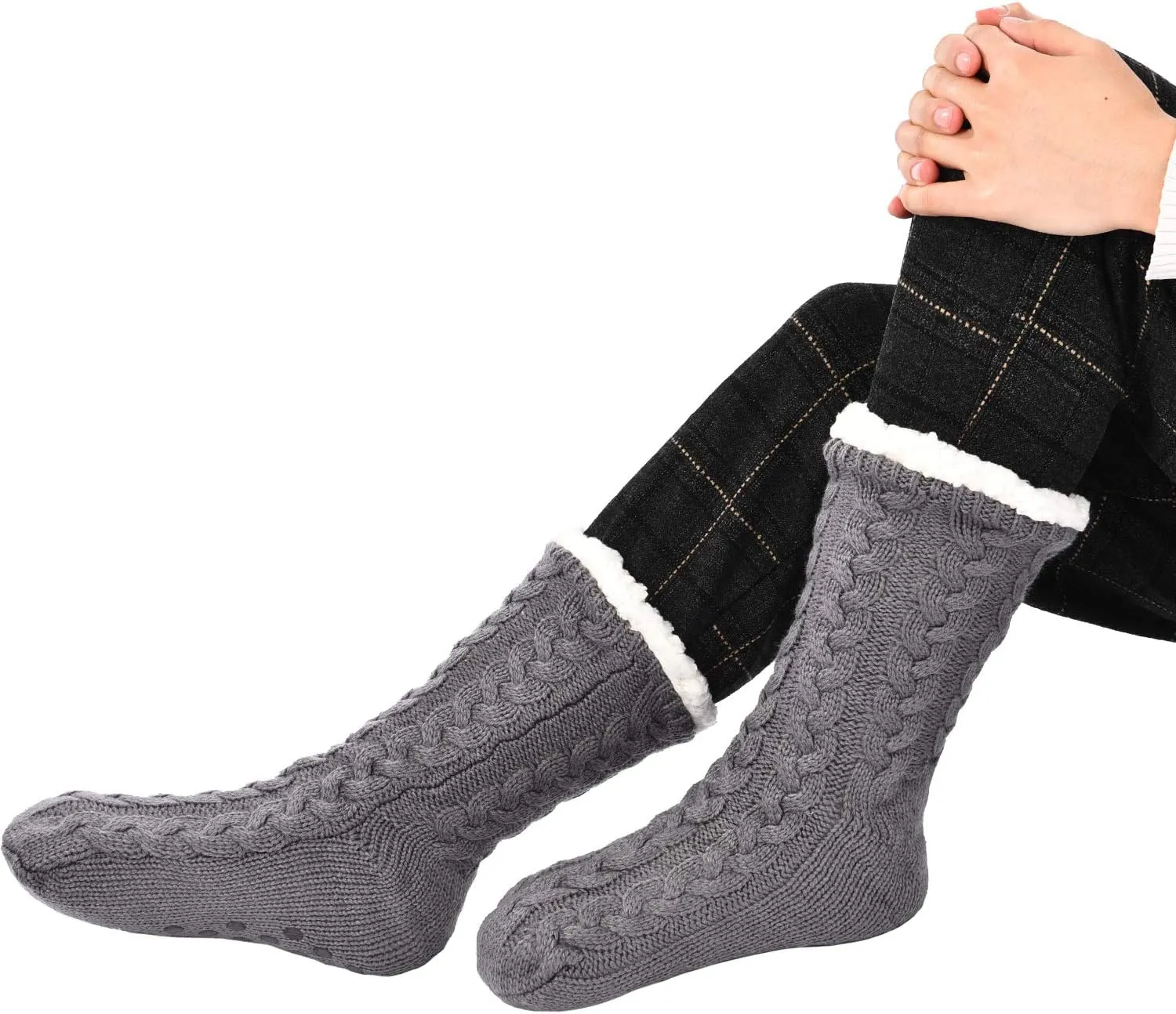 Boao 2 Pairs Women Warm Slipper Socks Christmas Fuzzy Winter Fleece Socks with Grippers Lined Non Slip Slipper Gift