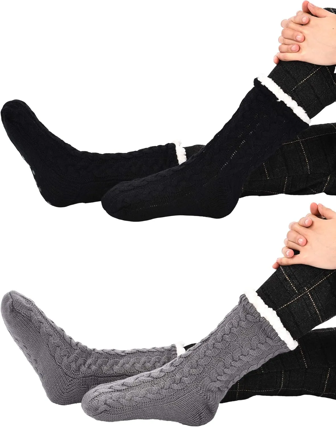 Boao 2 Pairs Women Warm Slipper Socks Christmas Fuzzy Winter Fleece Socks with Grippers Lined Non Slip Slipper Gift