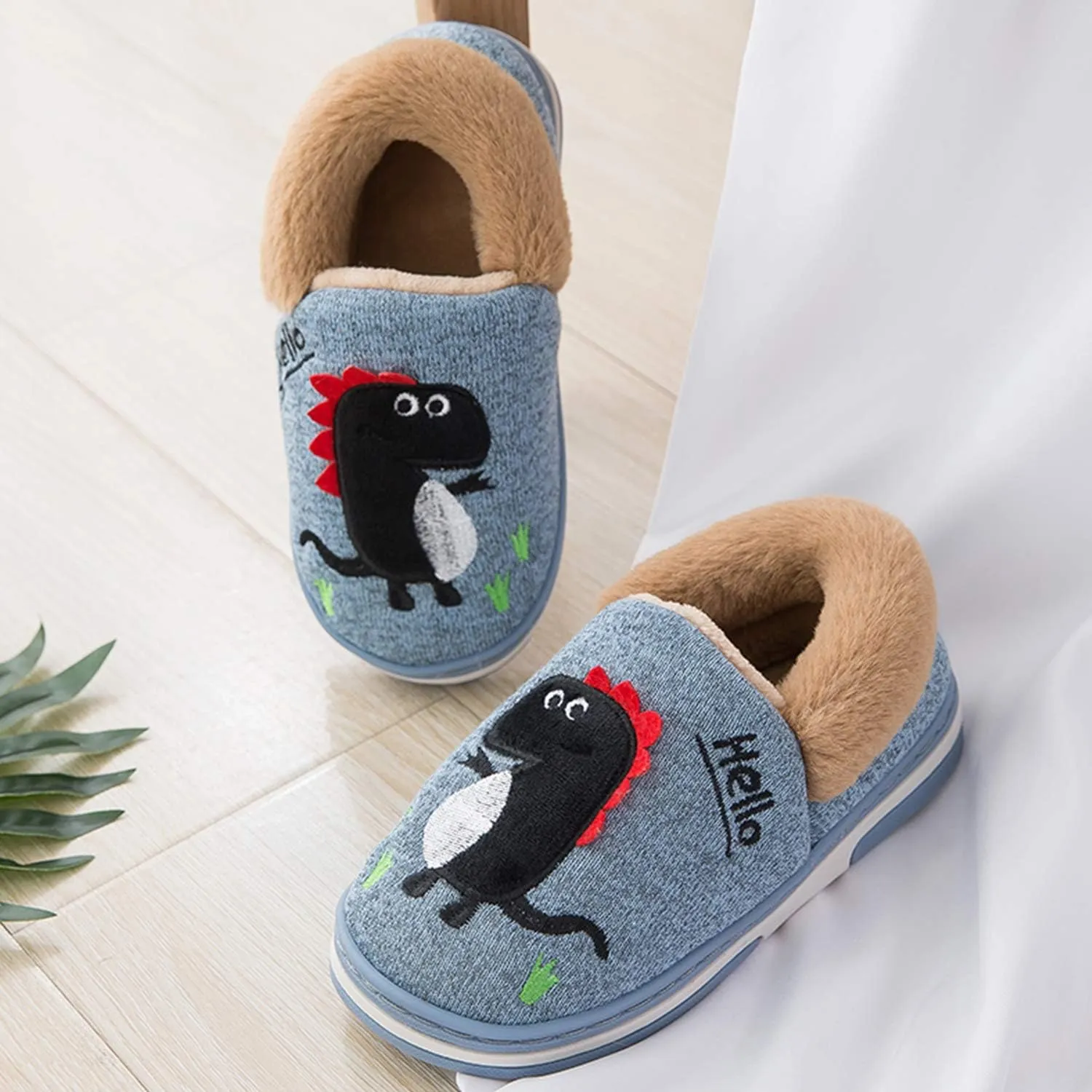 Boy's Girls Cute Dinosaur Warm Slippers - Kids Soft Plush Lined House Indoor Slip on Shoes