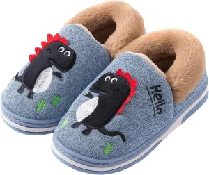 Boy's Girls Cute Dinosaur Warm Slippers - Kids Soft Plush Lined House Indoor Slip on Shoes