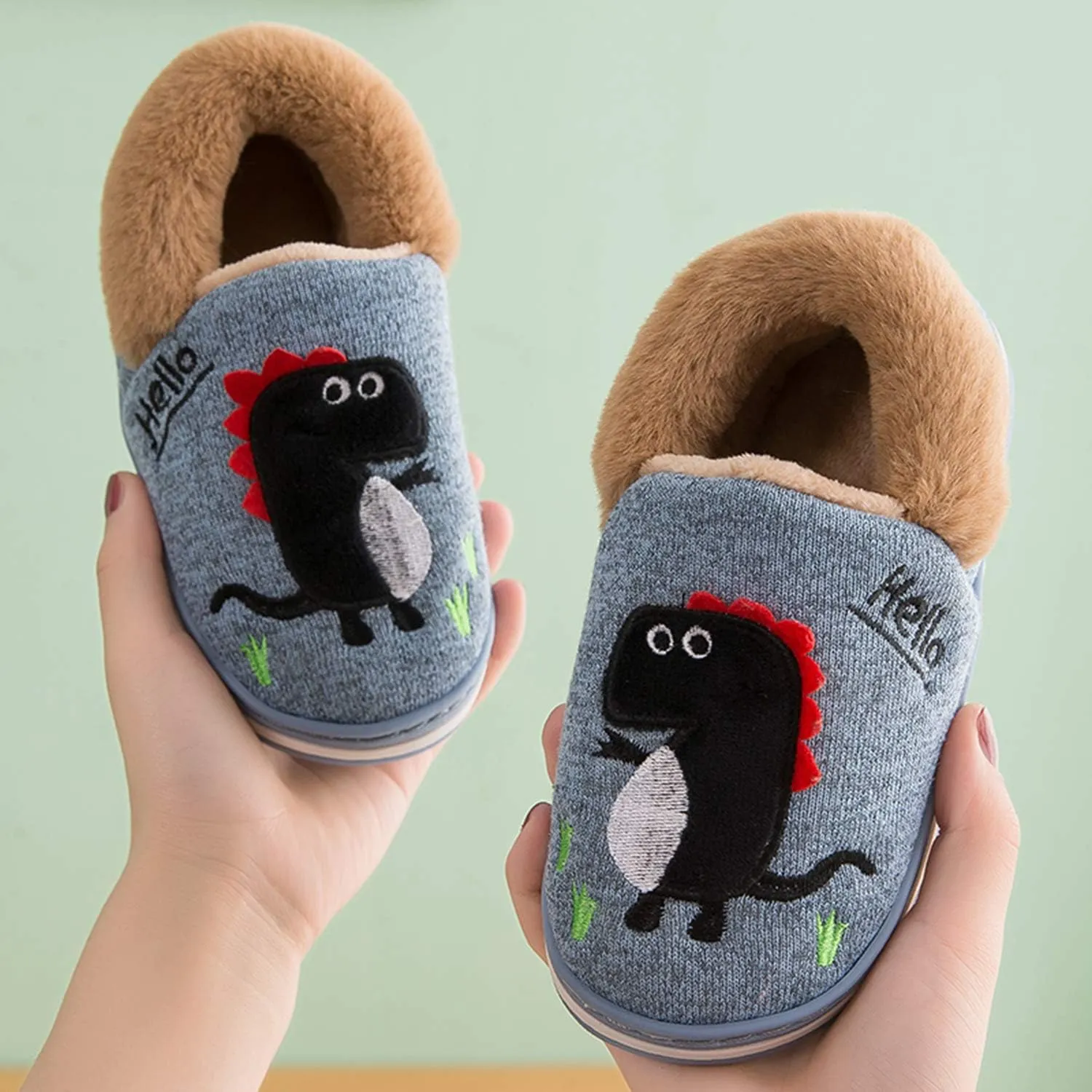 Boy's Girls Cute Dinosaur Warm Slippers - Kids Soft Plush Lined House Indoor Slip on Shoes