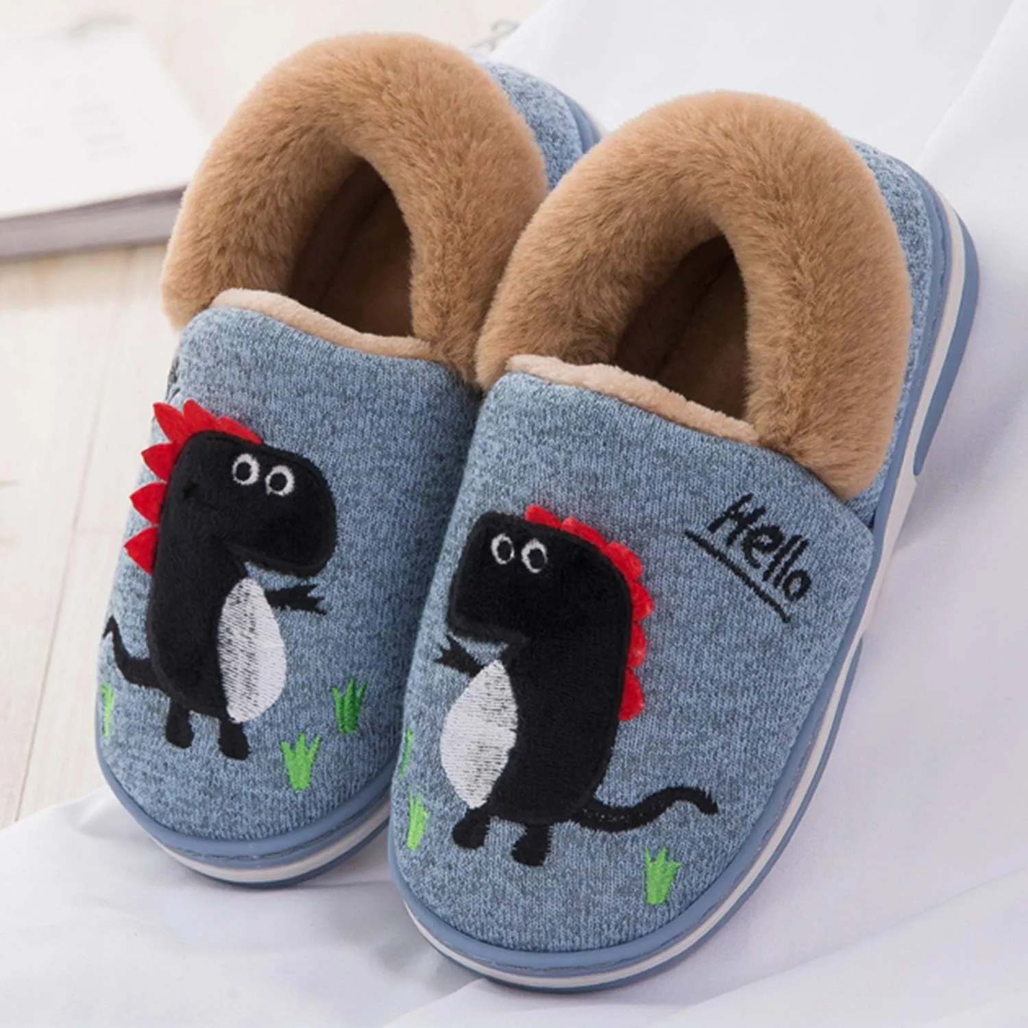 Boy's Girls Cute Dinosaur Warm Slippers - Kids Soft Plush Lined House Indoor Slip on Shoes