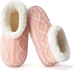 Cable Knit House Slippers for Women Indoor, Sherpa Fleece Lined Soft Loafer Shoes, Winter Warm Fluffy Bedroom Fuzzy Socks Non-slip Grippers, Cozy Gifts Unique