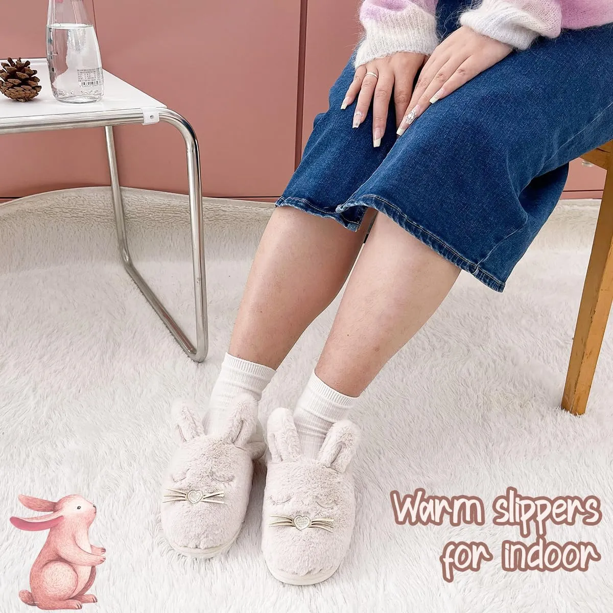 Caramella Bubble Bunny Slippers for Women Fuzzy Cute Animal Memory Foam House Rabbit Slippers Indoor Outdoor