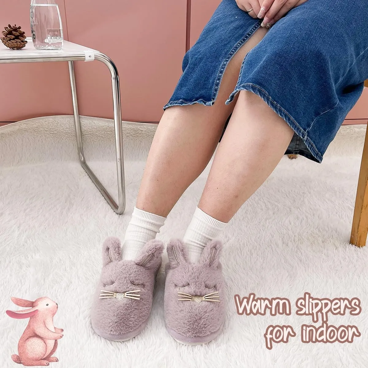 Caramella Bubble Bunny Slippers for Women Fuzzy Cute Animal Memory Foam House Rabbit Slippers Indoor Outdoor