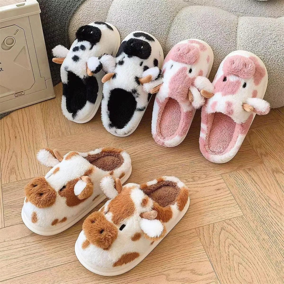 Cartoon Cow Cotton Slippers,Cute Cozy Fuzzy Animal Slippers For Women Men,Winter Warm Plush Comfy Indoor Outdoor Slippers