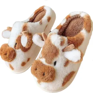 Cartoon Cow Cotton Slippers,Cute Cozy Fuzzy Animal Slippers For Women Men,Winter Warm Plush Comfy Indoor Outdoor Slippers