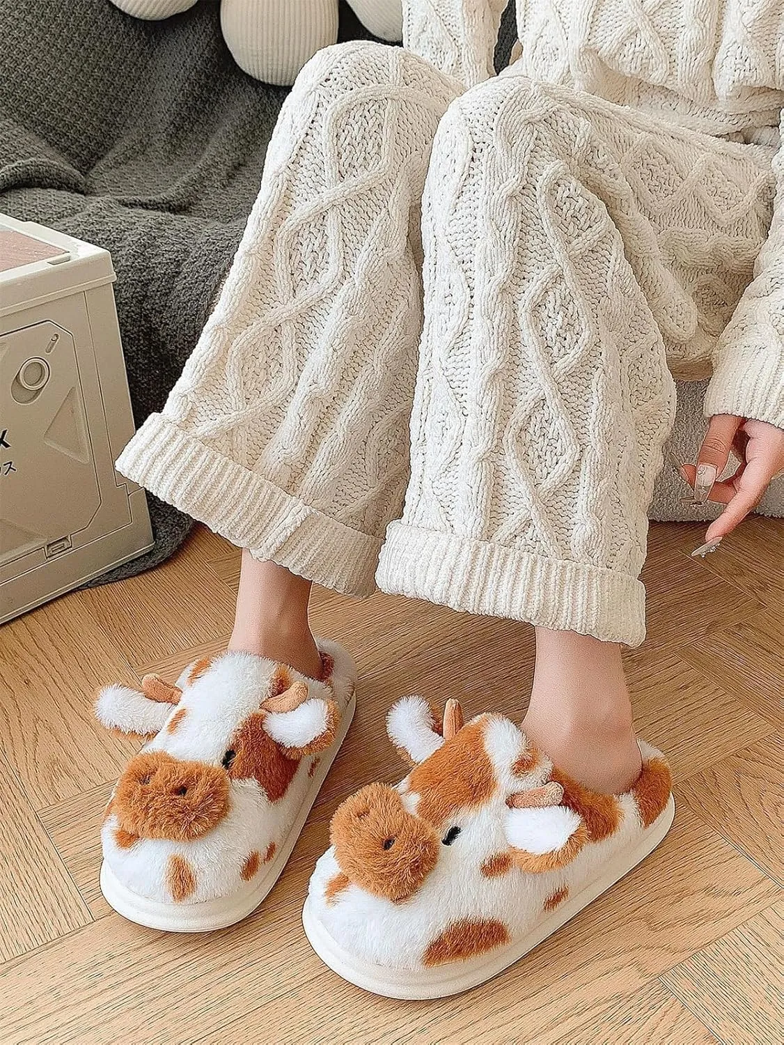 Cartoon Cow Cotton Slippers,Cute Cozy Fuzzy Animal Slippers For Women Men,Winter Warm Plush Comfy Indoor Outdoor Slippers