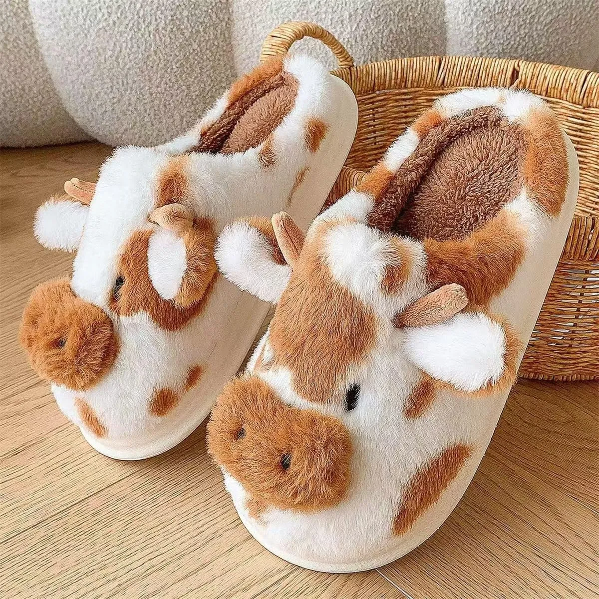 Cartoon Cow Cotton Slippers,Cute Cozy Fuzzy Animal Slippers For Women Men,Winter Warm Plush Comfy Indoor Outdoor Slippers