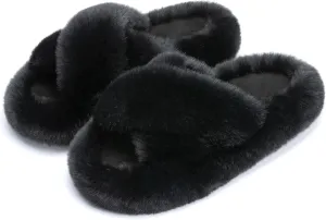 Chantomoo Women's Blue Memory Foam Faux Fur Lined Open Toe Slippers for Women - US 12