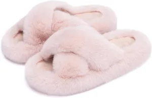 Chantomoo Women's Blue Memory Foam Faux Fur Lined Open Toe Slippers for Women - US 12