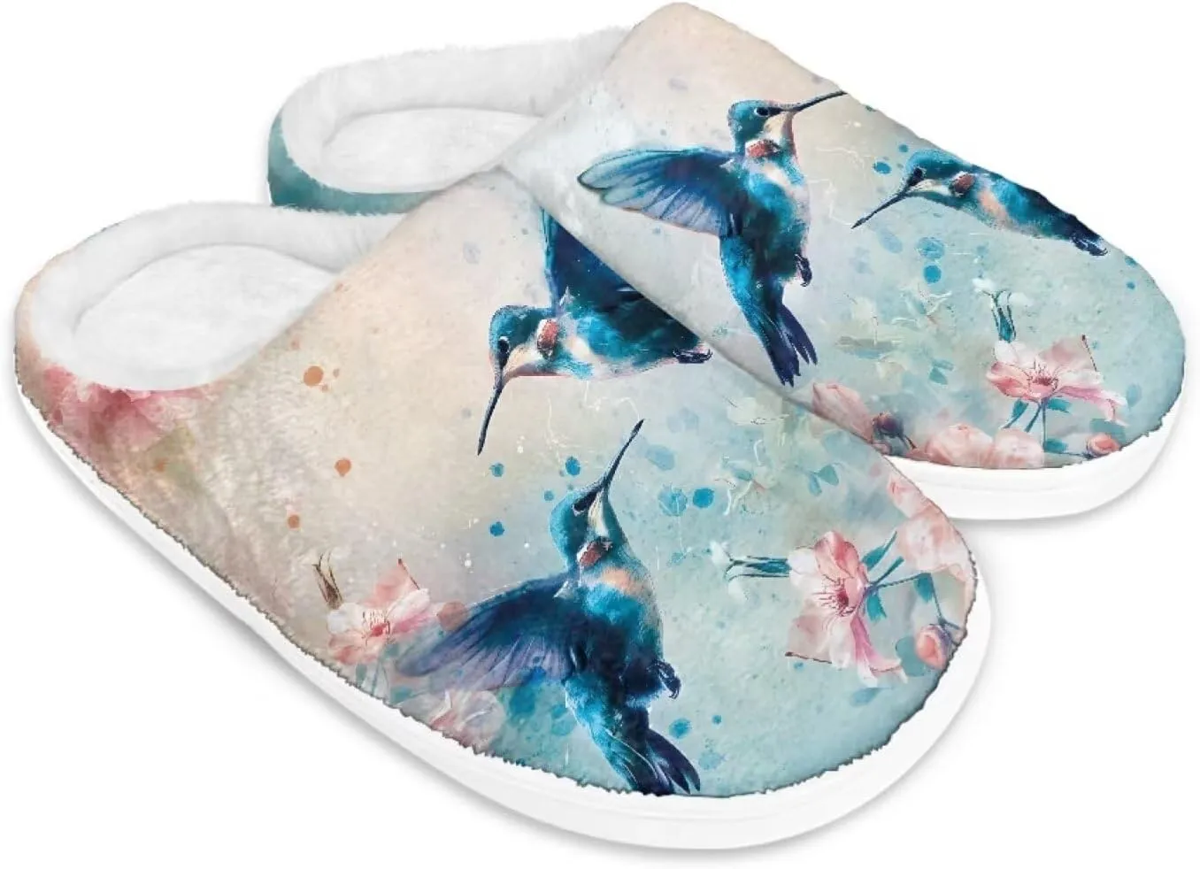 chaqlin Hummingbir Plush Slippers Fuzzy House Bedroom Warm Soft Sandals Wide Warm for Women Lightweight Slip Resistant Flannel Fluffy Shoes Slipper