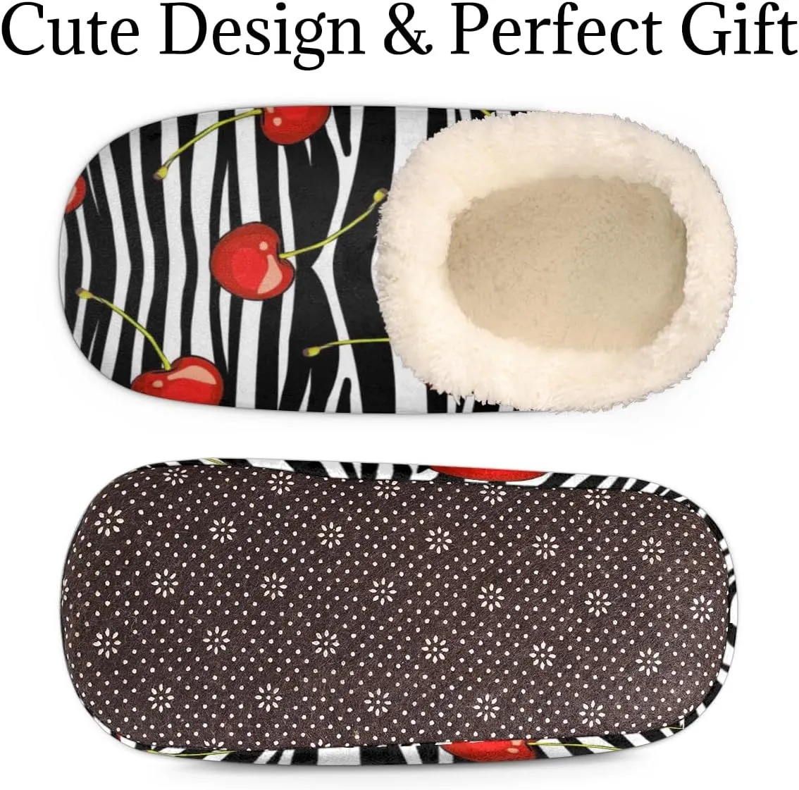 Cherry Stripe Pattern Women's Slippers, Fruit Soft Cozy Plush Lined House Slipper Shoes Indoor Non-Slip Slippers for Women Girls Boys Teenager