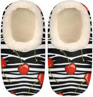 Cherry Stripe Pattern Women's Slippers, Fruit Soft Cozy Plush Lined House Slipper Shoes Indoor Non-Slip Slippers for Women Girls Boys Teenager