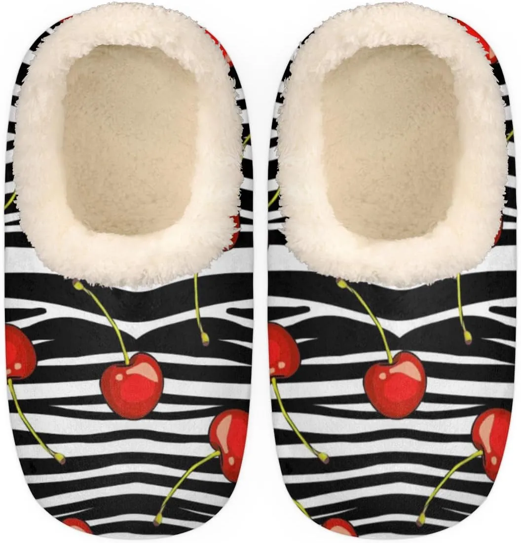 Cherry Stripe Pattern Women's Slippers, Fruit Soft Cozy Plush Lined House Slipper Shoes Indoor Non-Slip Slippers for Women Girls Boys Teenager