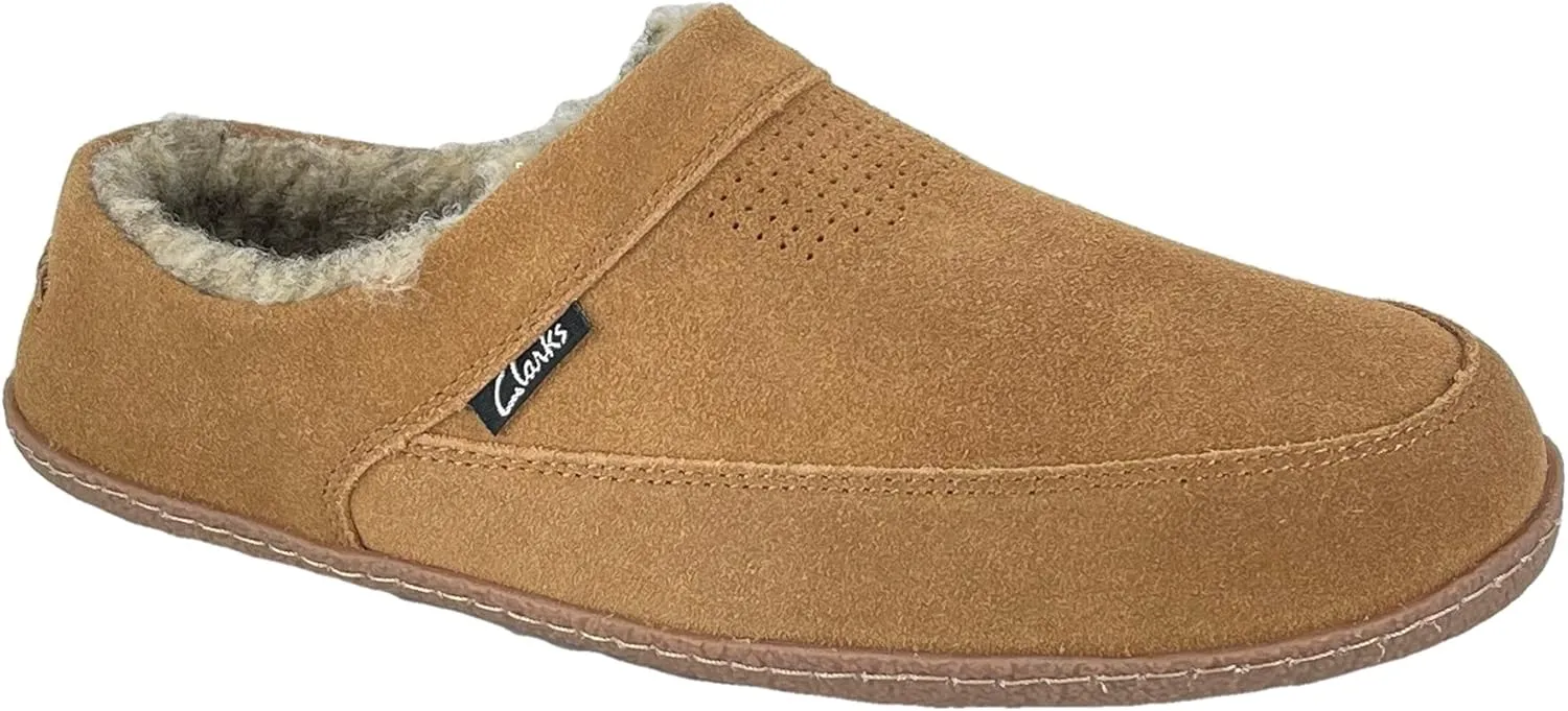Clarks Mens Slipper Perforated Suede Leather Upper JMS0721 - Warm Plush Sherpa Lining - Indoor Outdoor House Slippers For Men (13 M US, Cinnamon)