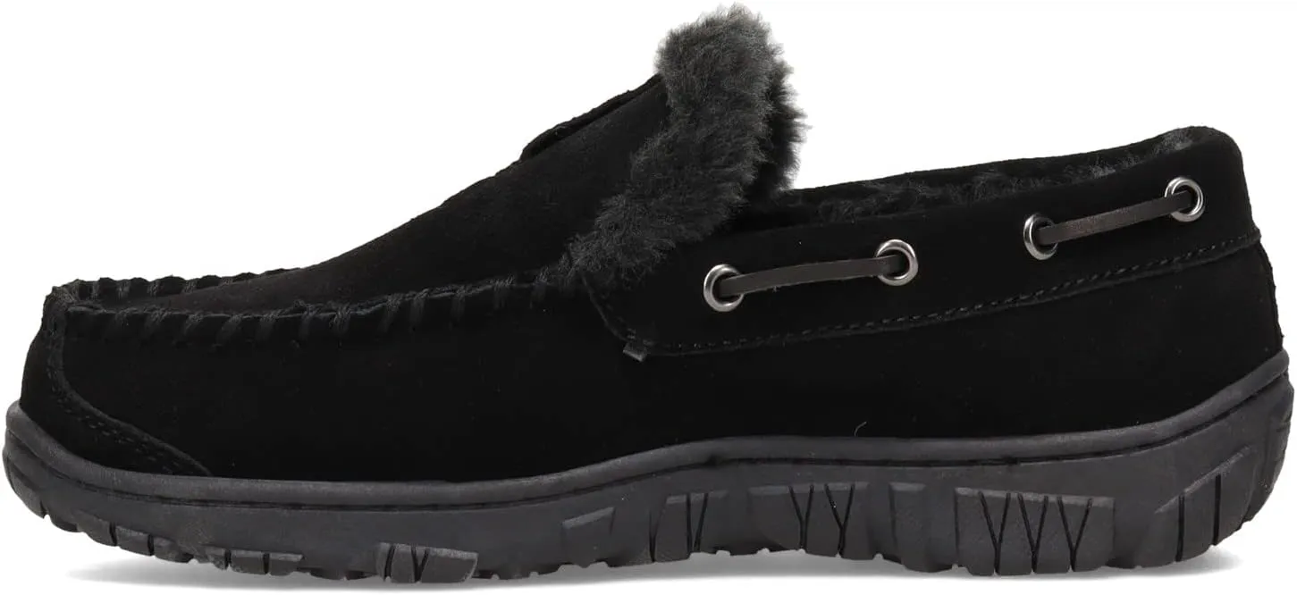 Clarks Venetian Suede Fur Lined Slip On Casual Loafer Moccasin Slippers (Black Premium Suede/Shearling, 8)