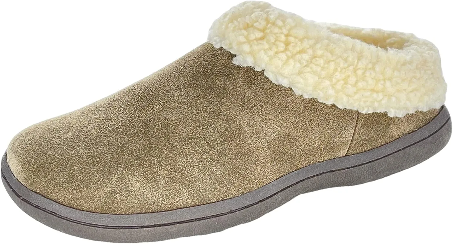 Clarks Womens Slipper Suede Leather With Faux Sherpa Collar JMH1894 - Plush Memory Foam Footbed - Indoor Outdoor House Slippers For Women (8 M US, Sage)