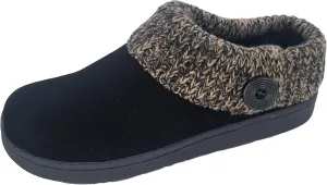 Clarks Womens Suede Leather Comfort Clog Knitted Collar Slipper - Plush Faux Fur Trim - Indoor Outdoor House Slippers For Women (Black/Beige 8M)