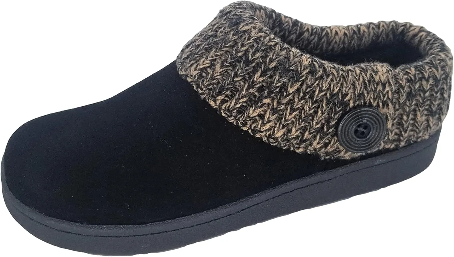 Clarks Womens Suede Leather Comfort Clog Knitted Collar Slipper - Plush Faux Fur Trim - Indoor Outdoor House Slippers For Women (Black/Beige 8M)