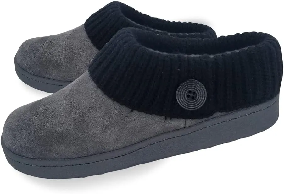 Clarks Womens Suede Leather Comfort Clog Knitted Collar Slipper - Plush Faux Fur Trim - Indoor Outdoor House Slippers For Women (Grey/Black 6M)