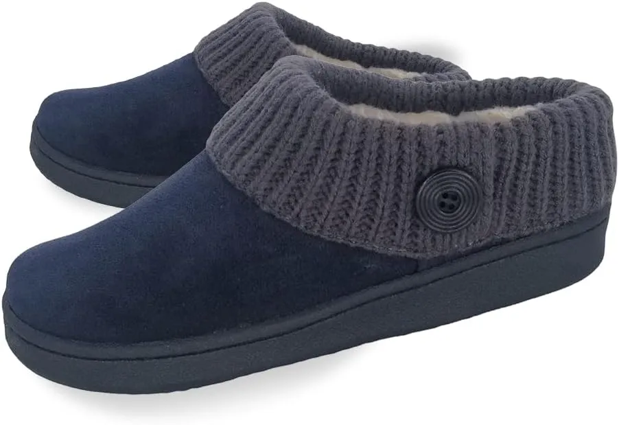 Clarks Womens Suede Leather Comfort Clog Knitted Collar Slipper - Plush Faux Fur Trim - Indoor Outdoor House Slippers For Women (Navy/Grey 11M)