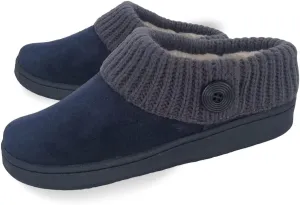 Clarks Womens Suede Leather Comfort Clog Knitted Collar Slipper - Plush Faux Fur Trim - Indoor Outdoor House Slippers For Women (Navy/Grey 11M)