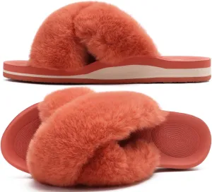 COFACE Womens Fuzzy Slides Fluff Faux Fur Cross Slippers Open Toe Yoga Mat House Slippers Sandals With Arch Support For Indoor/Outdoor