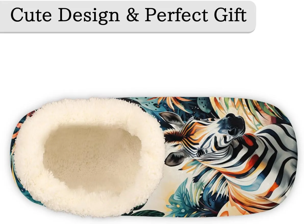 Colorful Zebra Leaves Slippers for Women Slipper Socks Soft Fuzzy House Slippers Shoes for Indoor Bedroom, Winter Cozy Christmas Gifts, Zebra Print