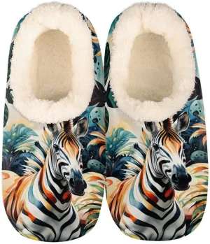 Colorful Zebra Leaves Slippers for Women Slipper Socks Soft Fuzzy House Slippers Shoes for Indoor Bedroom, Winter Cozy Christmas Gifts, Zebra Print
