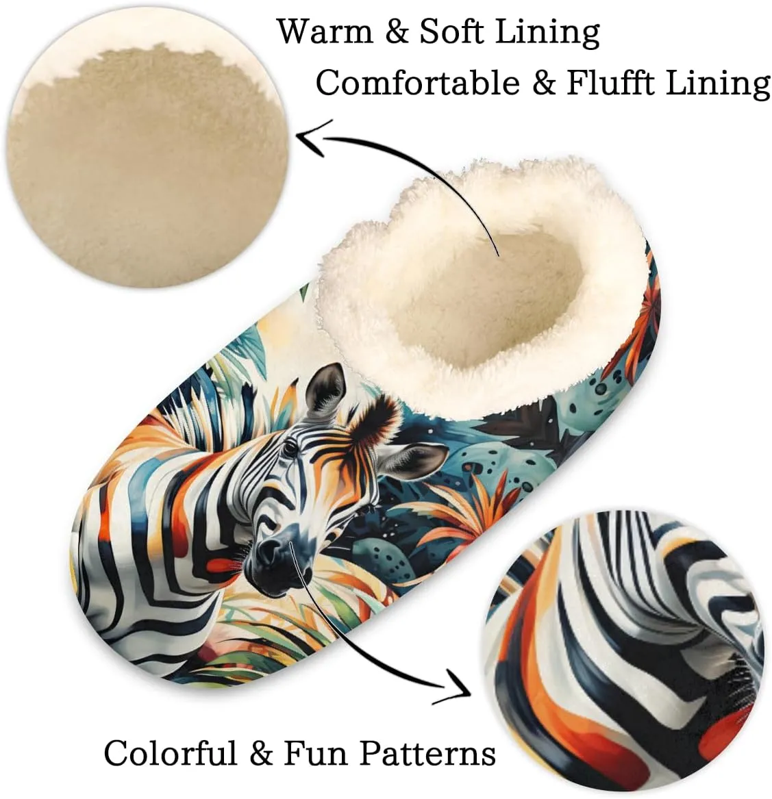 Colorful Zebra Leaves Slippers for Women Slipper Socks Soft Fuzzy House Slippers Shoes for Indoor Bedroom, Winter Cozy Christmas Gifts, Zebra Print