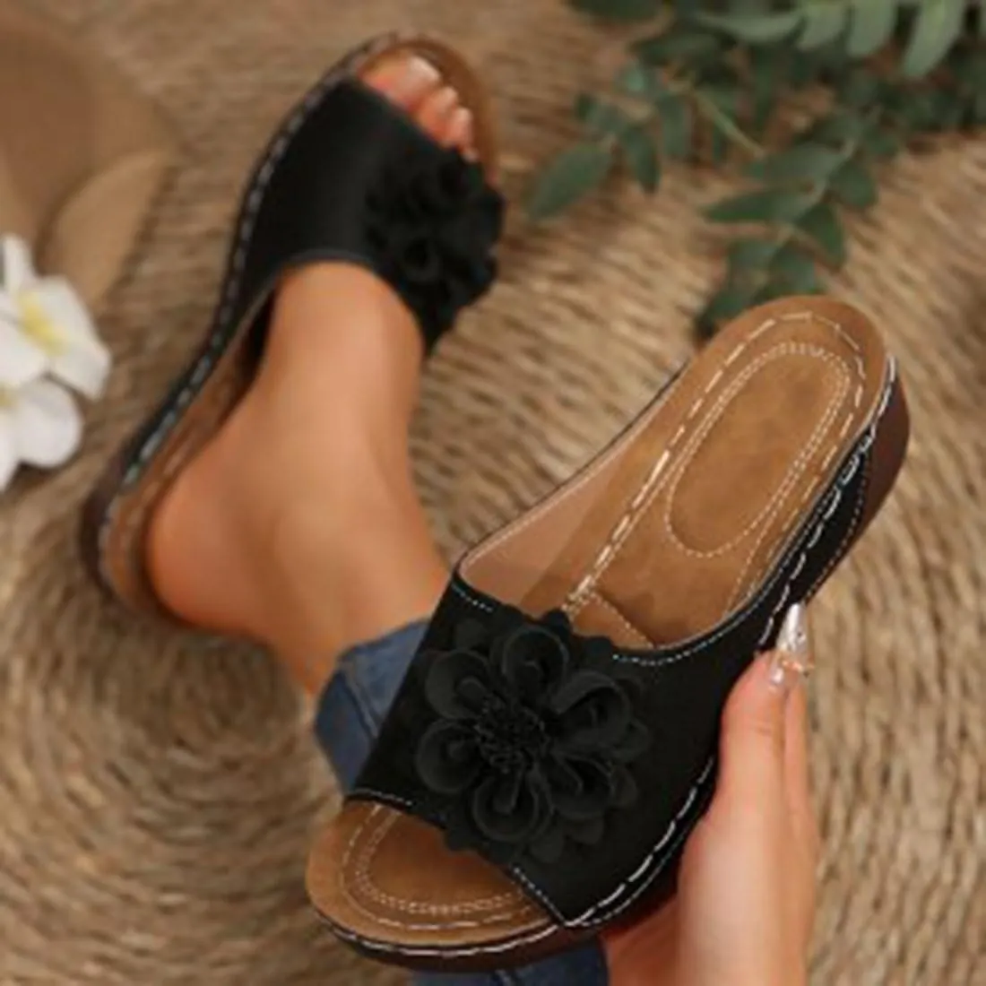 Comfortable Non-slip Solid Color Open-toe Wedge Sandals for Women, Summer Breathable Lightweight Arch Support Slippers