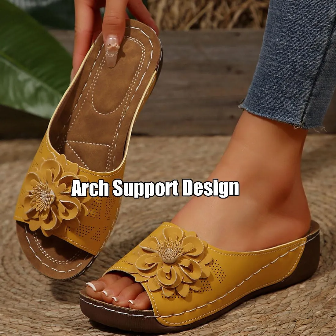 Comfortable Non-slip Solid Color Open-toe Wedge Sandals for Women, Summer Breathable Lightweight Arch Support Slippers