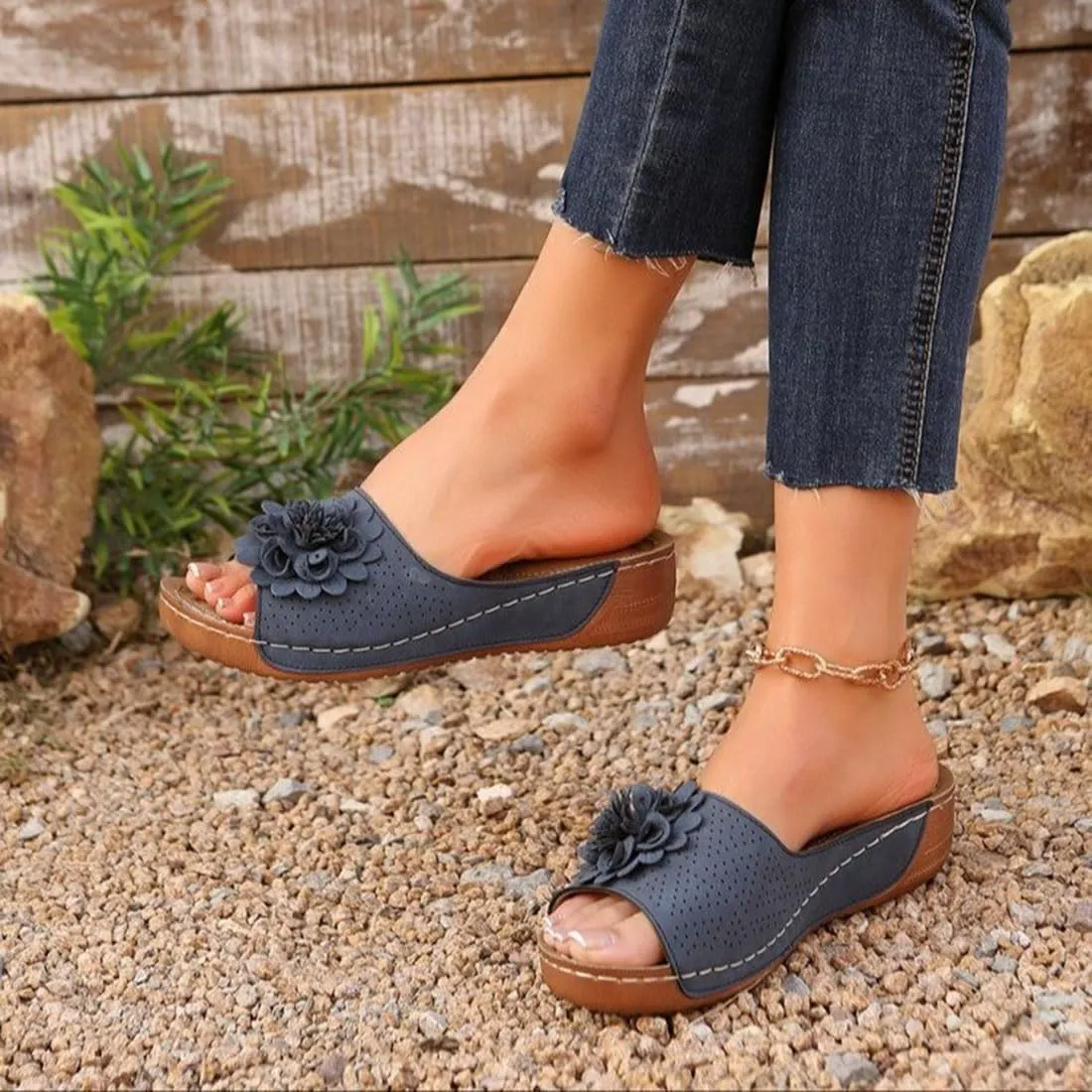 Comfortable Non-slip Solid Color Open-toe Wedge Sandals for Women, Summer Breathable Lightweight Arch Support Slippers