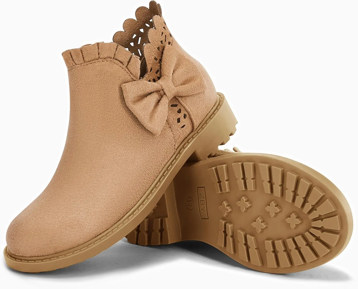 Coutgo Girls Bow Ankle Boots Ruffled Chunky Heel with Classic Side Zipper Dress Booties for Little Kids/Big Kids
