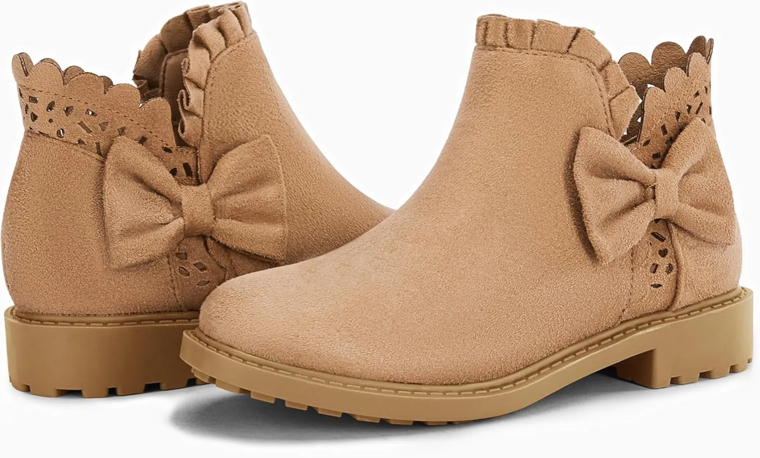 Coutgo Girls Bow Ankle Boots Ruffled Chunky Heel with Classic Side Zipper Dress Booties for Little Kids/Big Kids