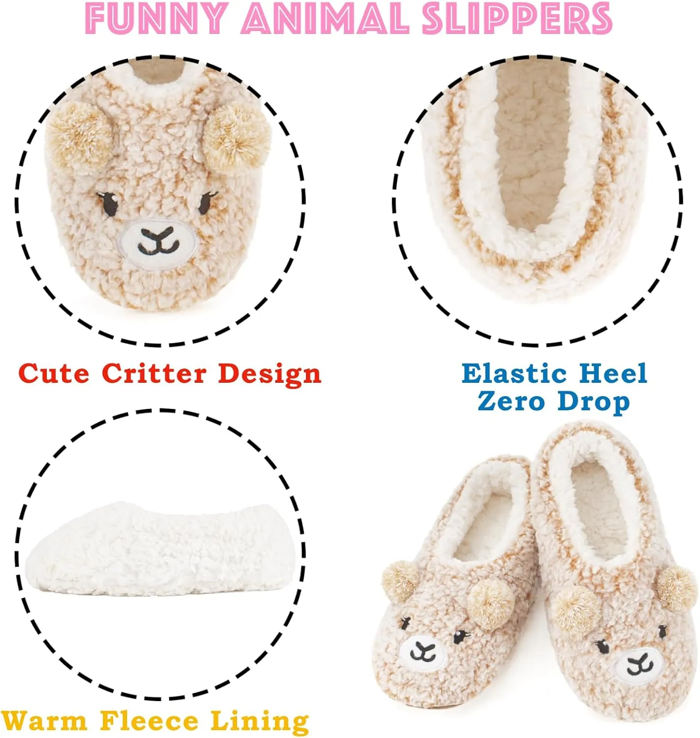 Cozylook Cute Animal House Slippers - Fuzzy Warm Bedroom Slipper Socks Non-Slip Grippers with Funny Face Designs, Fun Christmas Gifts Unique