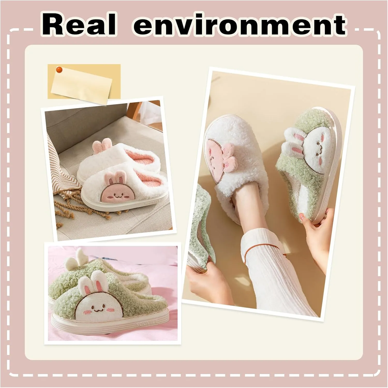 Cute Bunny Slippers for Women Faux Fur Fluffy Winter Slip-On House Slippers Warm Fuzzy Anti-Skid Indoor Outdoor Shoes