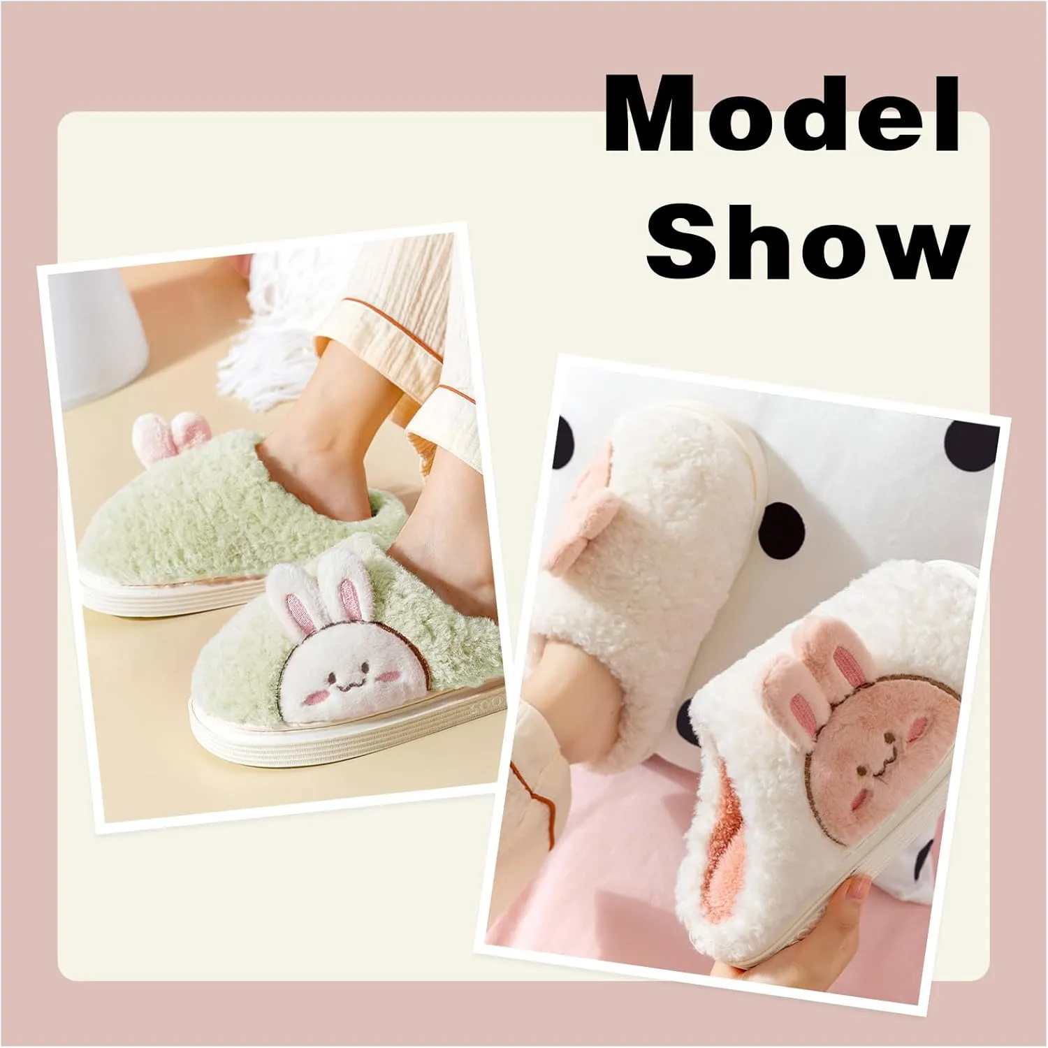 Cute Bunny Slippers for Women Faux Fur Fluffy Winter Slip-On House Slippers Warm Fuzzy Anti-Skid Indoor Outdoor Shoes