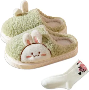 Cute Bunny Slippers for Women Faux Fur Fluffy Winter Slip-On House Slippers Warm Fuzzy Anti-Skid Indoor Outdoor Shoes