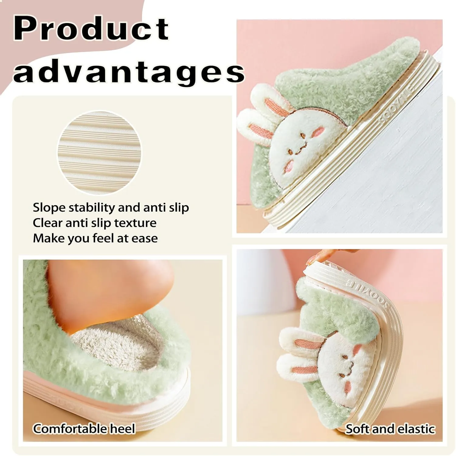 Cute Bunny Slippers for Women Faux Fur Fluffy Winter Slip-On House Slippers Warm Fuzzy Anti-Skid Indoor Outdoor Shoes
