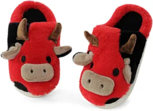 Cute Cartoon Cow Slippers for Girls Boys, Toddler Kids Animal House Slipper Warm Fuzzy Shoes with Memory Foam for Indoor Outdoor