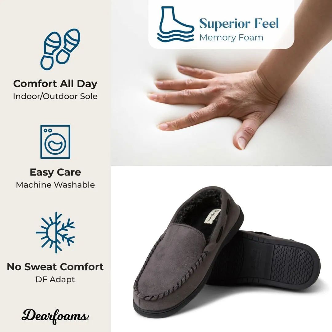 Dearfoams Men's Breathable Memory Foam Indoor Outdoor Keaton Moccasin Slipper with Wide Widths