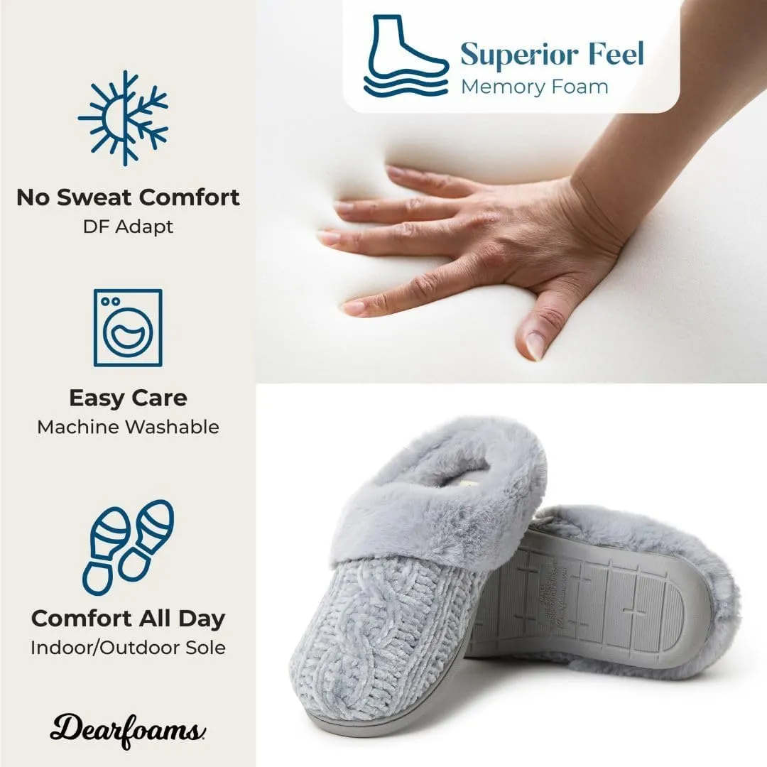 Dearfoams Women's Fuzzy Memory Foam Cable Knit Claire Clog House Slipper with Wide Widths