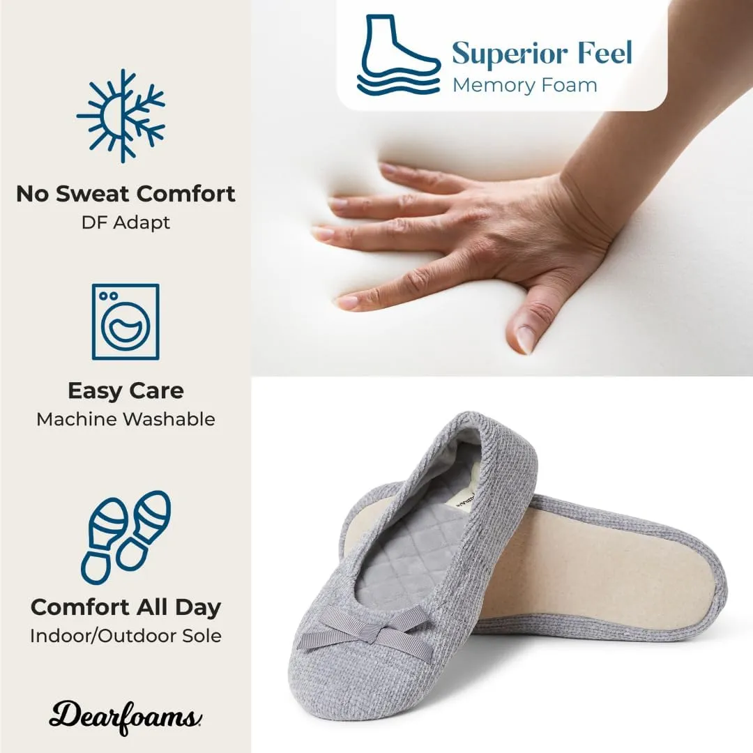 Dearfoams Women's Layla Ballerina Slipper with Memory Foam, Soft Tie Bow and Suede Sole