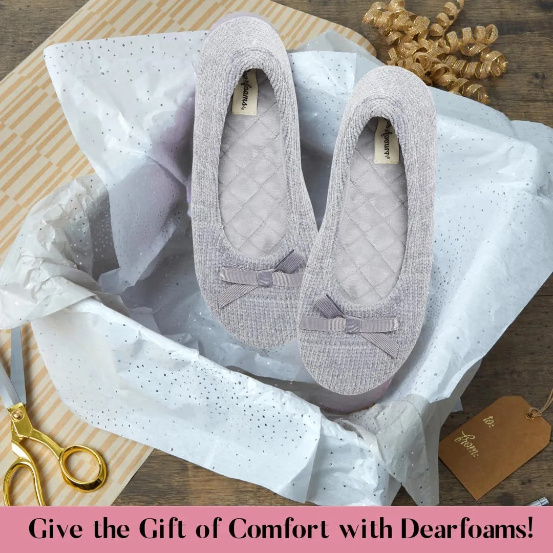 Dearfoams Women's Layla Ballerina Slipper with Memory Foam, Soft Tie Bow and Suede Sole