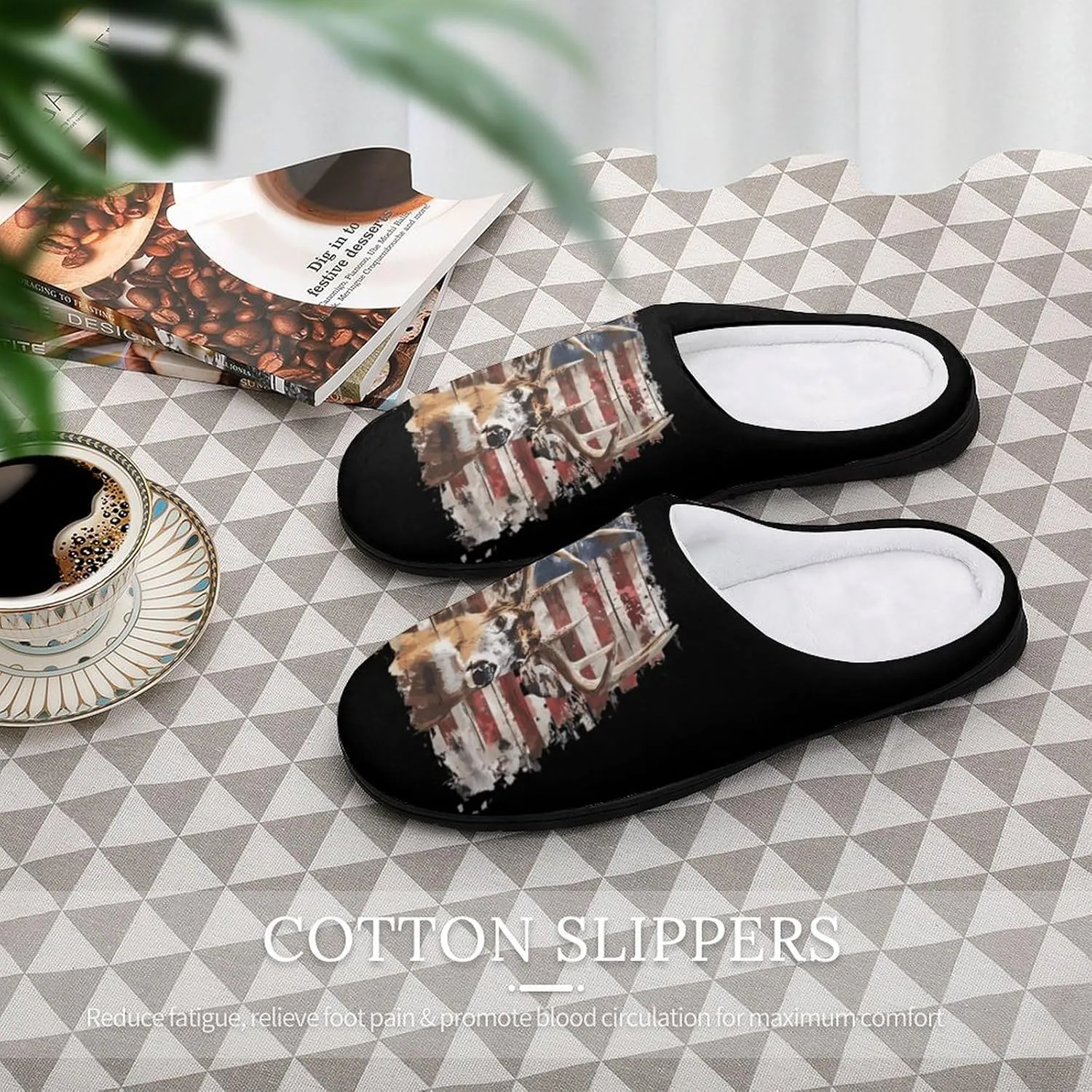 Deer Hunting American Camouflage Flag Men's Cotton Slippers Memory Foam Anti-Skid Sole House Shoes
