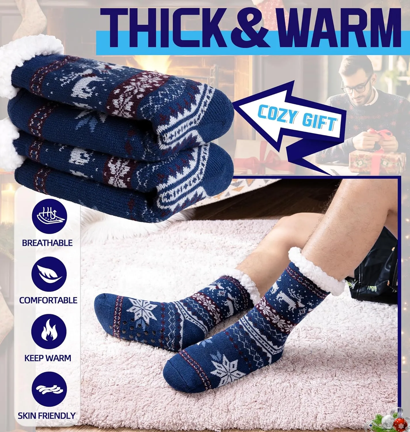 DoSmart Men's Winter Thermal Fleece Lining Knit Slipper Socks Soft Warm Cozy Fuzzy Fluffy Christmas Non Slip Socks