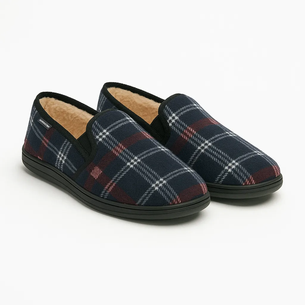 Dunlop MARTYN Mens Lined Textile Full Slippers Navy Check