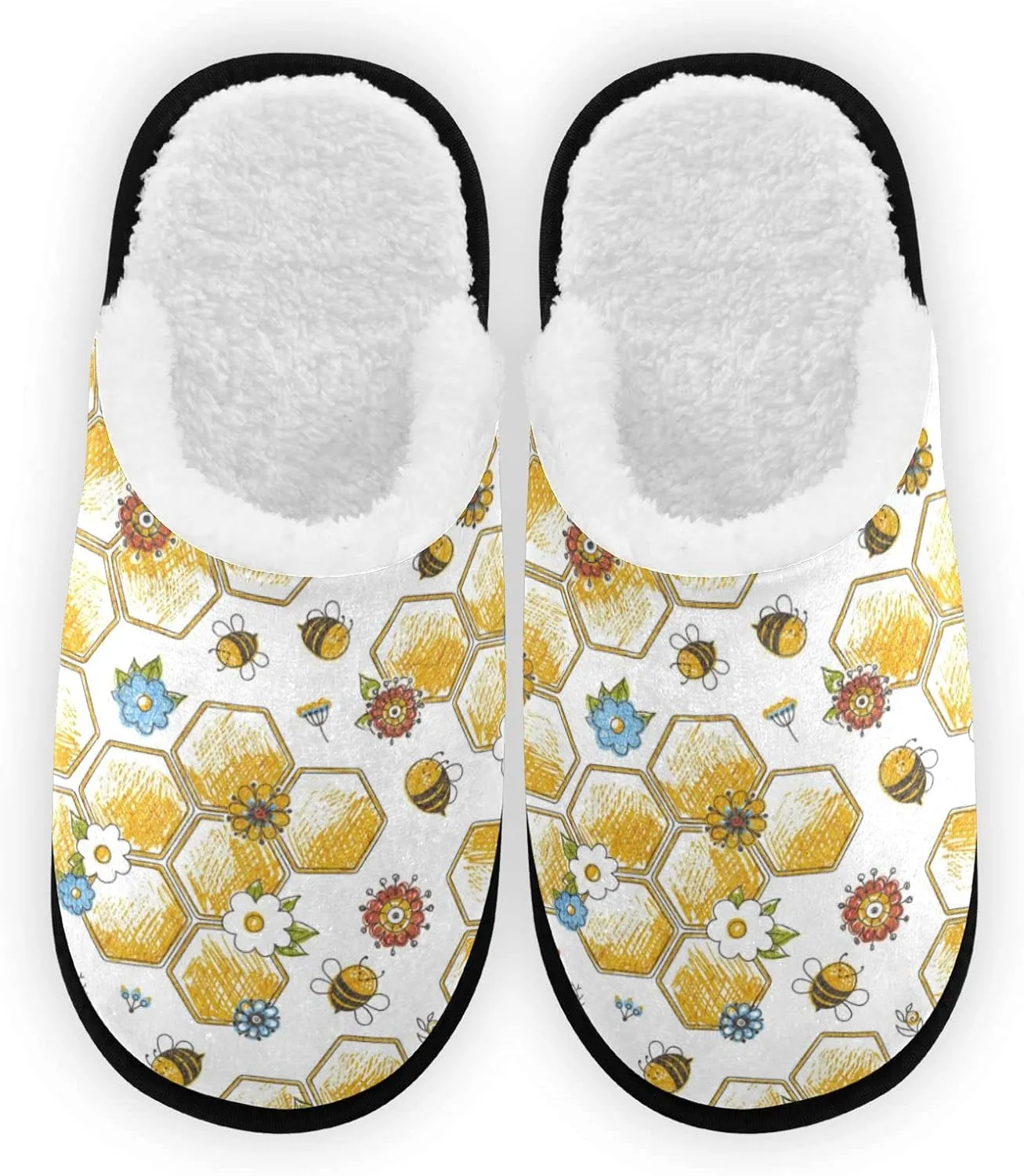 Dussdil Bees Honeycomb House Slippers Floral Honey Home Spa Slippers Memory Foam Closed Toe Slipper Non Slip for Hotel Bedroom Travel Shoes Women Men M